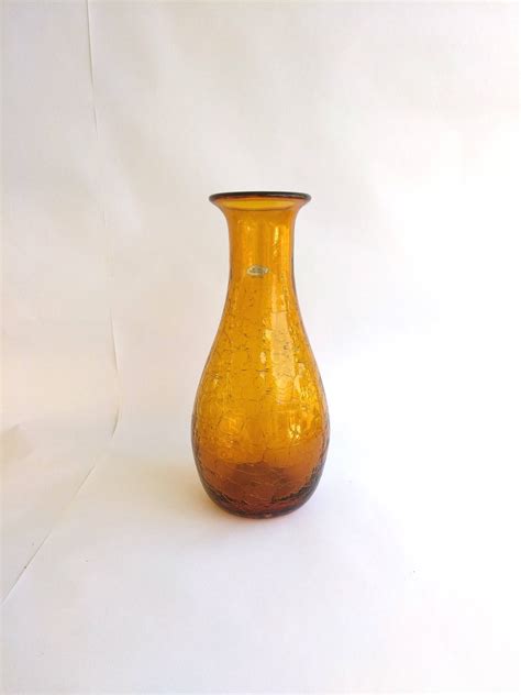 Vintage Blenko Amber Crackle Glass Vase 1960s Decorative Glass Etsy