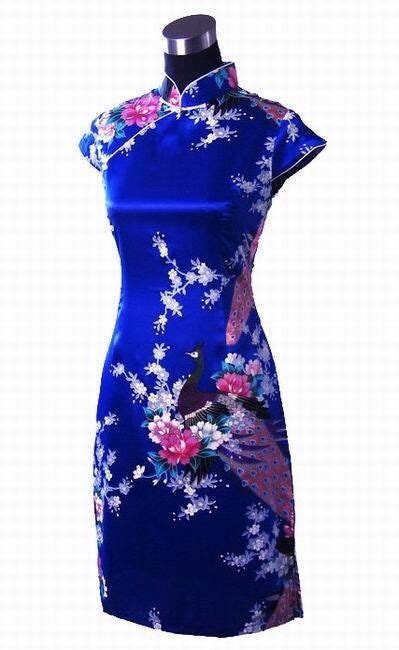 Royal Blue Print Short Sleeve Mini Dress Chinese Women Silk Rayon Qipao