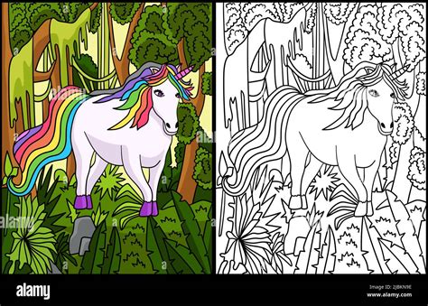 unicorn  forest coloring page  adults colored stock vector image