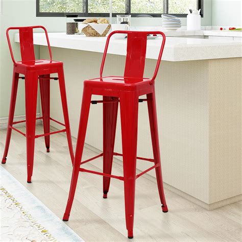 Maypex 30 In Glossy Red Low Back Metal Bar Stools Set Of 4 300532
