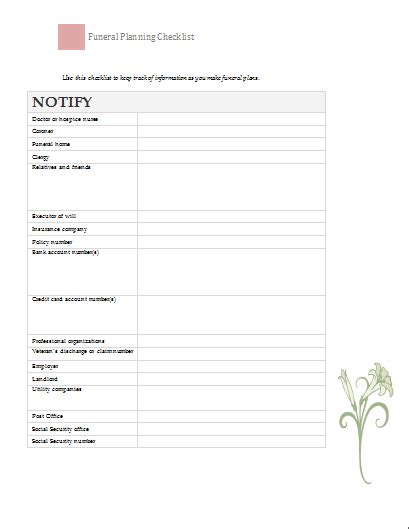 funeral planning checklist  word documentscom funeral planning