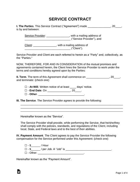 printable blank service contract template customize  print
