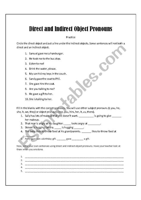 english worksheets direct  indirect object prounouns practice