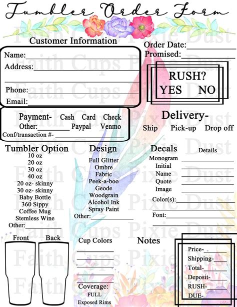 tumbler cricut printable  tumbler order form template