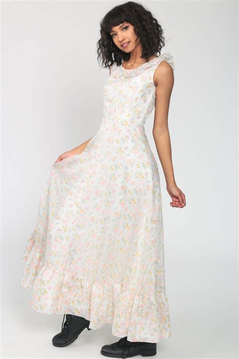 70s White Floral Dress Flocked Maxi Hippie Boho Dress Empire Waist