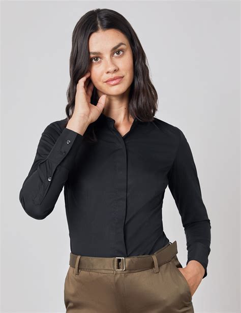 Cotton Stretch Plain Womens Fitted Shirt With Concealed Placket And