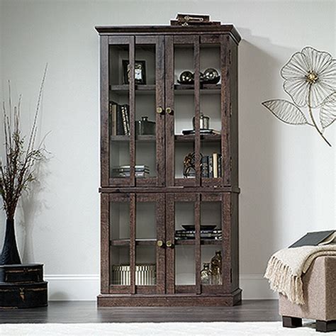 Contemporary Tempered Glass Tall Display Cabinet In Coffee