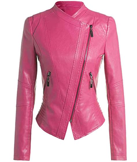 women s slim fit style biker hot pink leather jacket