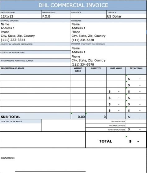 dhl invoice form invoice template