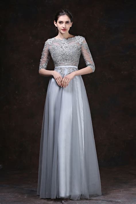 a line high neck long silver tulle lace evening prom dress