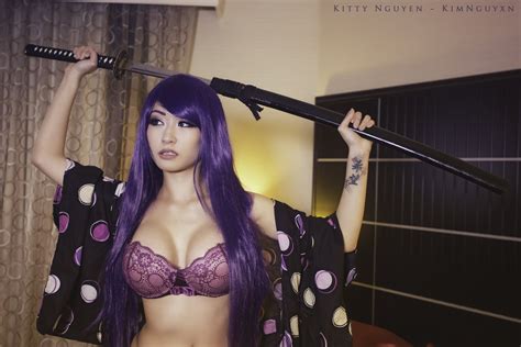 Wallpaper Boobs Purple Hair Bra Asian Women Model Katana Kitty