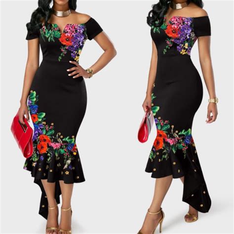 women flower embroidered  shoulder asymmetrical bodycon mermaid dress color black size