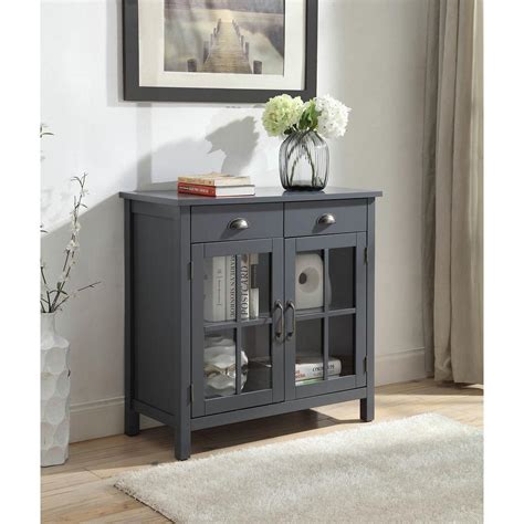 olivia  drawers grey accent cabinet   glass doors skd gy