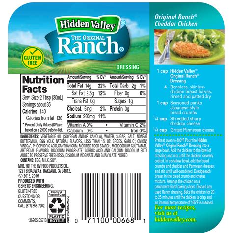hidden valley light ranch nutrition information bios pics