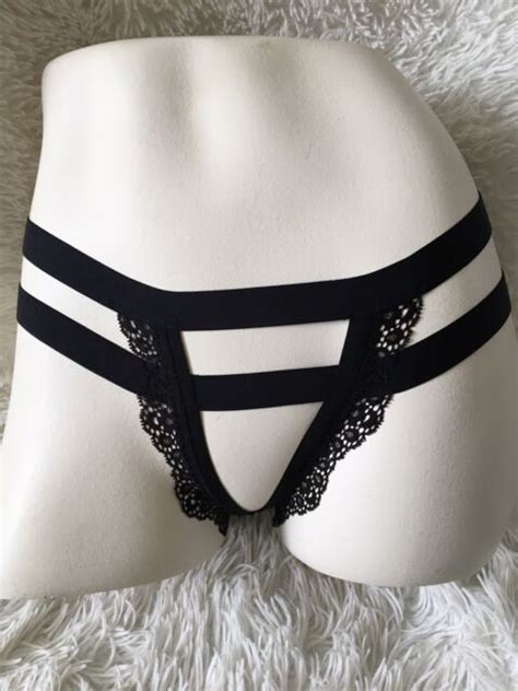 Victoria S Secret Panties Strappy Banded Cheekini Black Lace Panty Luxe