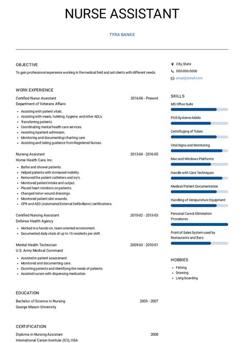 nursing assistant resume samples  templates visualcv