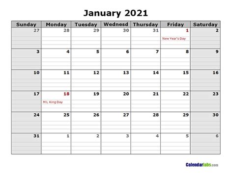 2021 Monthly Calendar With Daily Notes Free Printable