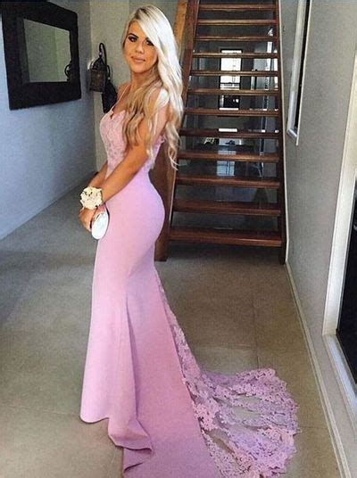 pink long mermaid lace backless modest prom dresses spaghetti straps