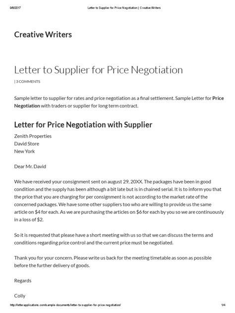 letter  supplier  price negotiation creative writers