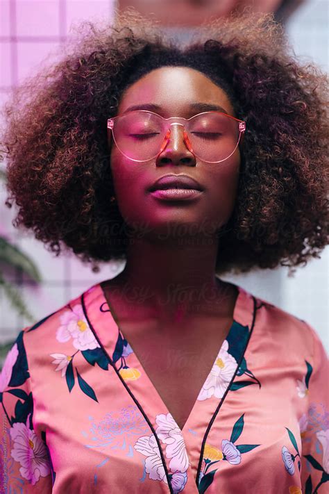 Night Club Neon Light Closeup Portrait Of Young Beautiful Black