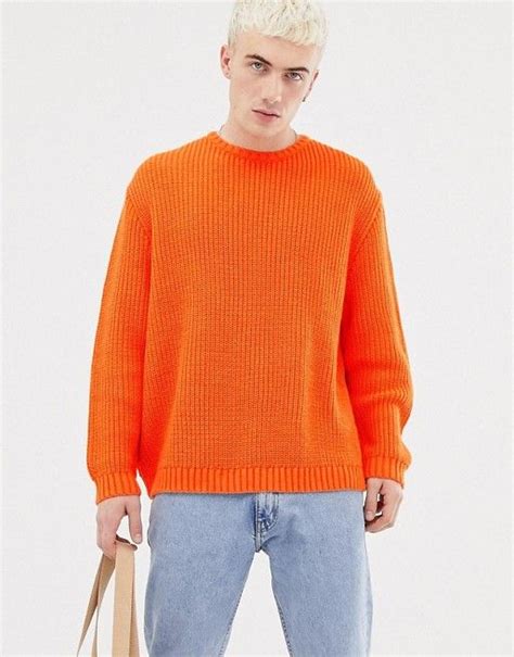 asos design knitted oversized sweater  orange sweater outfits men oversized knitted