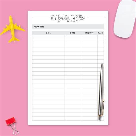 monthly bill payments template printable