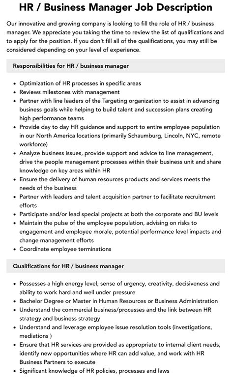 Hr Business Manager Job Description Velvet Jobs