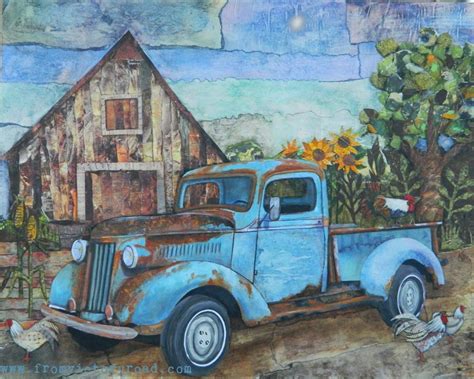 Old Blue Car Painting Truck Art Barn Painting