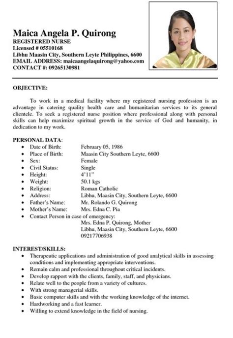sample resume registered nurse philiphines sample resume format