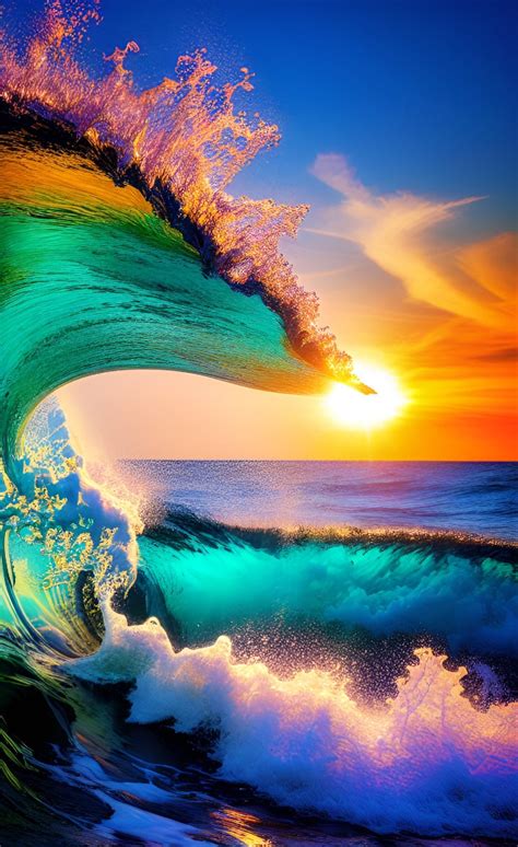 beautiful colorful ocean waves sunset art blue sky clouds water