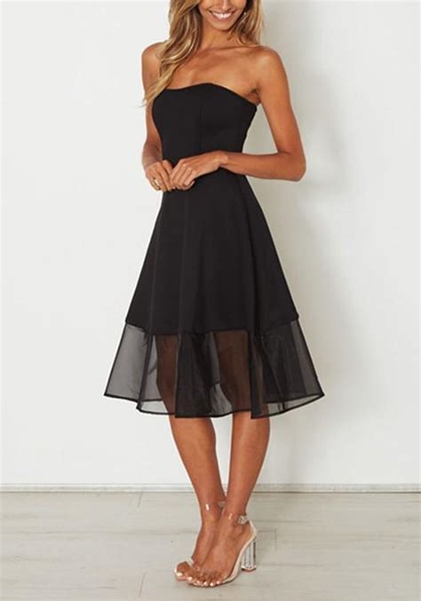dayscloth black plain patchwork grenadine bandeau sleeveless fashion midi dress formal dresses