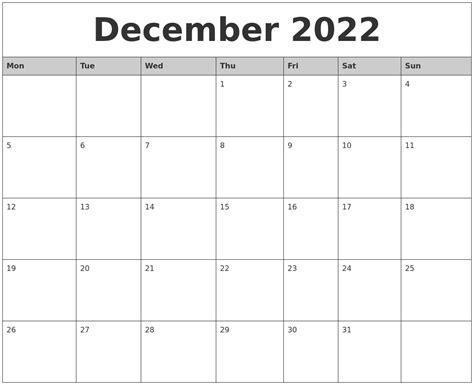 december  monthly calendar printable