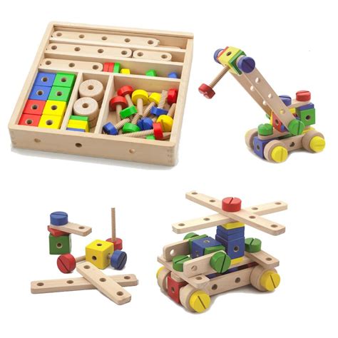 wooden construction set  pieces  crate childs toy