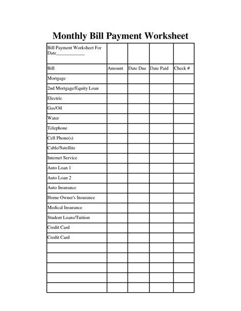 images  bill paying worksheet microsoft word monthly bill