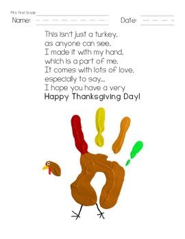 thanksgiving turkey handprint poem    grade tpt