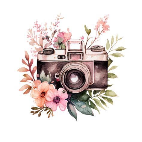 watercolor retro cameras flowers clipart ai generative  png