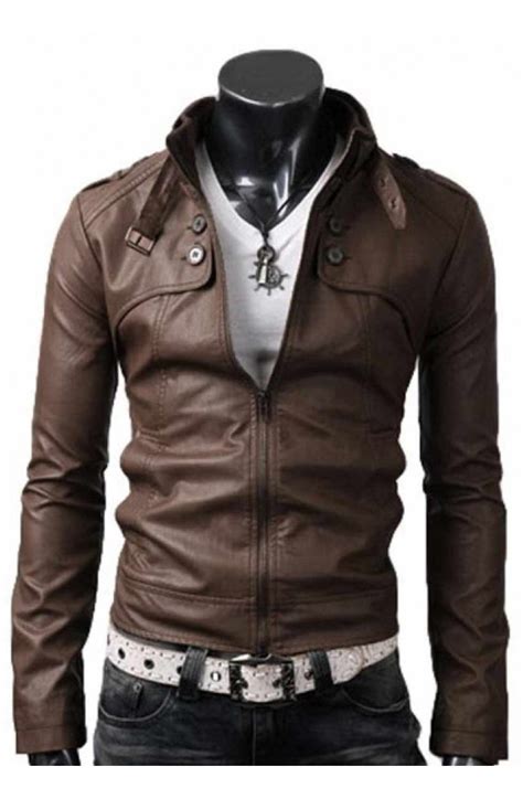 Light Brown Leather Jacket Men Button Pocket Slim Fit Jacket