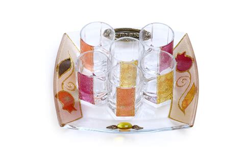 glass wine cup set  tray  cups  floral pattern