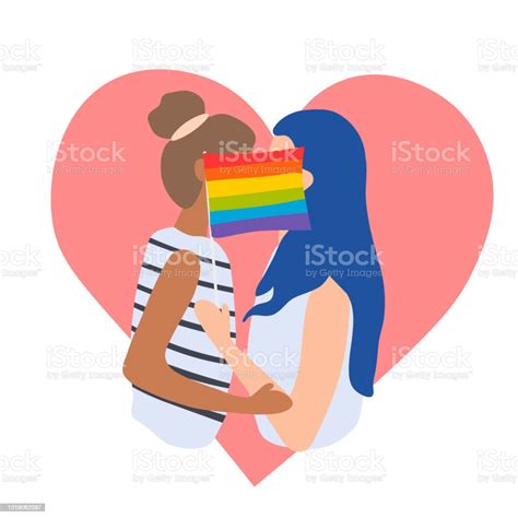 Vetores De Duas Garotas Se Beijam Por Uma Bandeira Lgbt No Coração Rosa