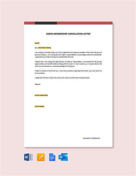 union membership cancellation letter  google docs word pages