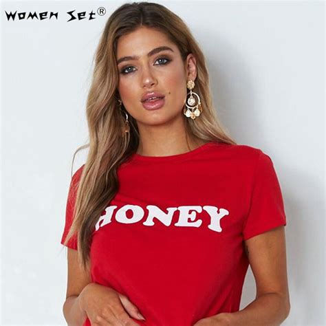 honey red letters print cotton casual funny t shirt for lady top tee