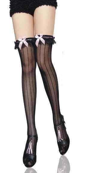 Women Hot Sexy Black Vertical Stripe With Lace And Lace Meias Knee