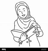 Hijab Muslim Cartoon Women Holding Book Wearing Education Vector Drawn Concept Illustration Simple Line Hand Business Style Alamy sketch template