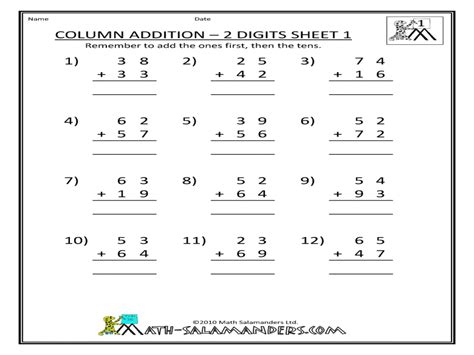 column addition  digits sheet  worksheet    grade
