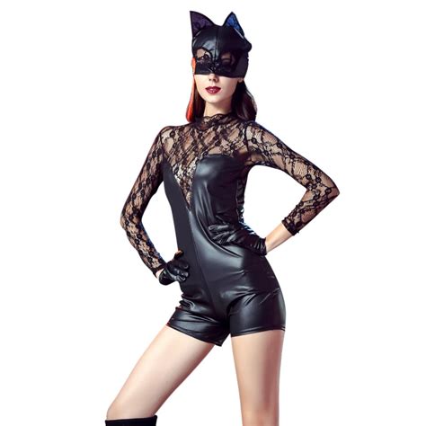 2016 halloween black cat costume leather lace sexy cat women costume