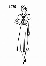 Fashion 1936 Dress Coloring Sketches Silhouettes Drawings Drawing Line Vintage 1937 Era History Costume Women Timeline Silhouette Books Book Woman sketch template