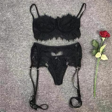 3pc Women Lace Sexy Lingerie Straps Bra And Panty Garter Set Underwear