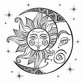 Moon Lune Symbole Soleil Zodiac Mandala Zodiaque Lua Astrological Mystical Ancient Engraving Gravure Mistico Vecteur Colorir Ethnique Astrologique Mystique Antico sketch template