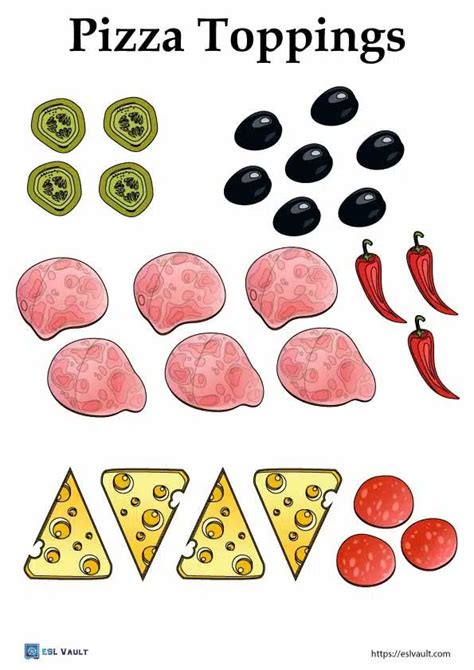 printable pizza toppings  pages esl vault pizza toppings