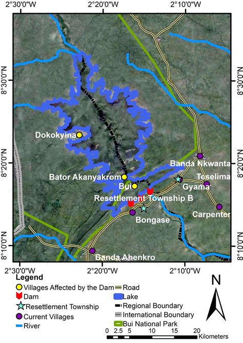 map showing  bui dam  dam catchment area